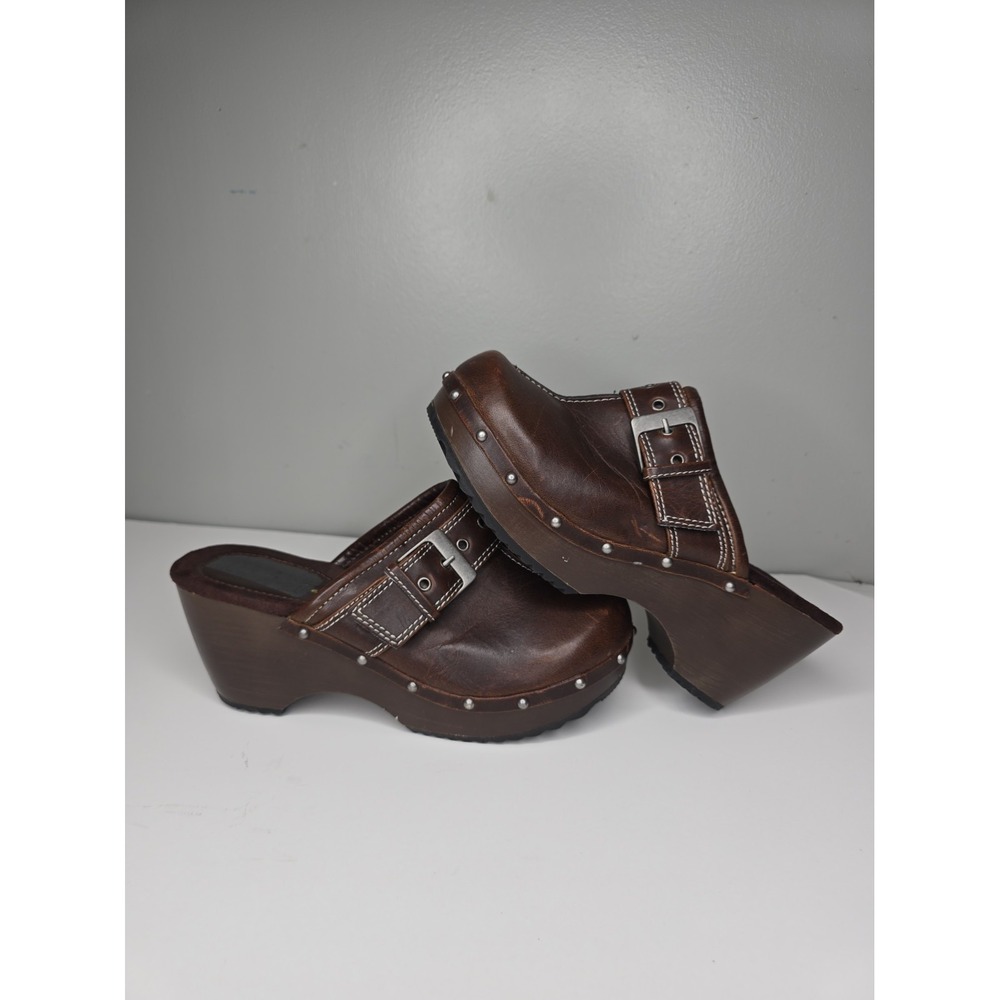Y2K VTG Platform Chunky Clogs Shoes Womens Sz 8 Brown Mules Buckle Retro Bratz
